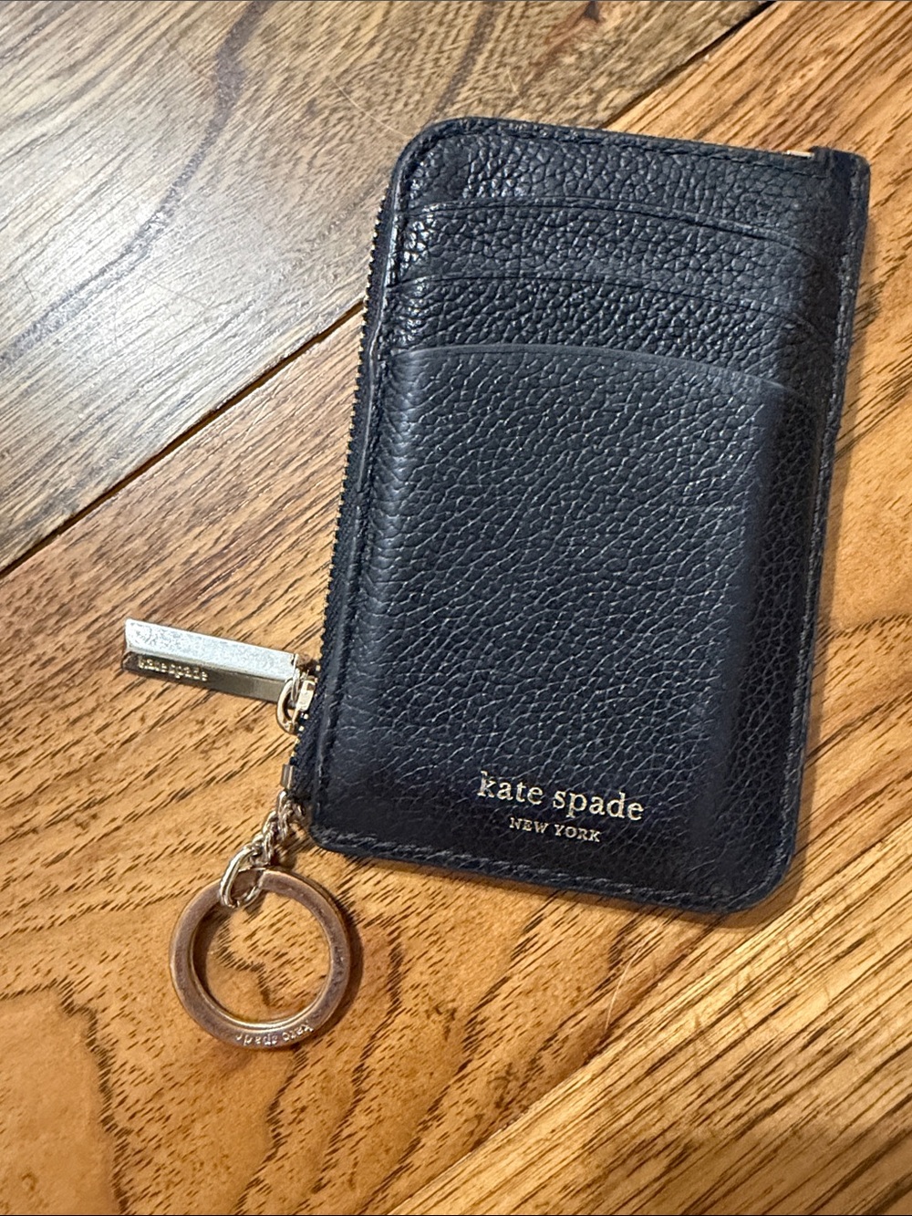 kate spade Black Pebbled Leather Zip Card Case with Key Ring